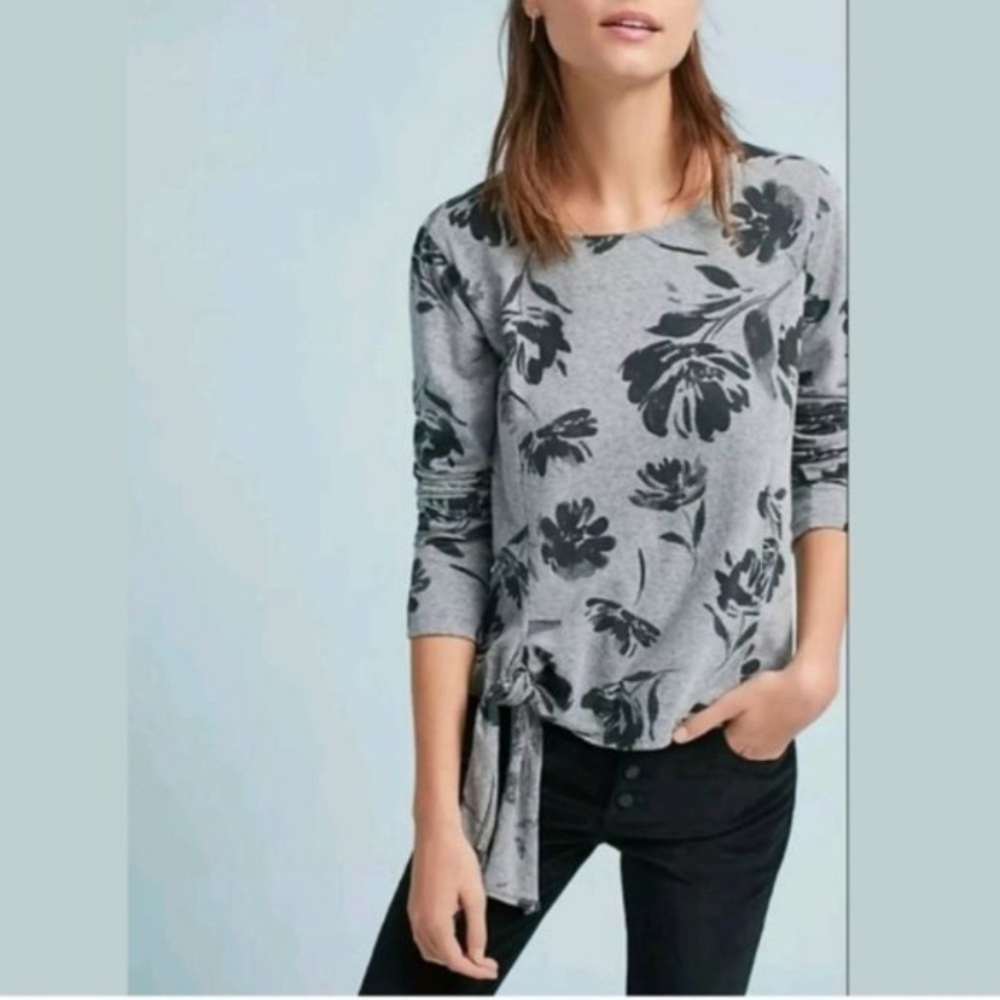 ANTHROPOLOGIE T.LA FLORAL PRINT SIDE TIE LONG SLEEVE TOP - SIZE LARGE